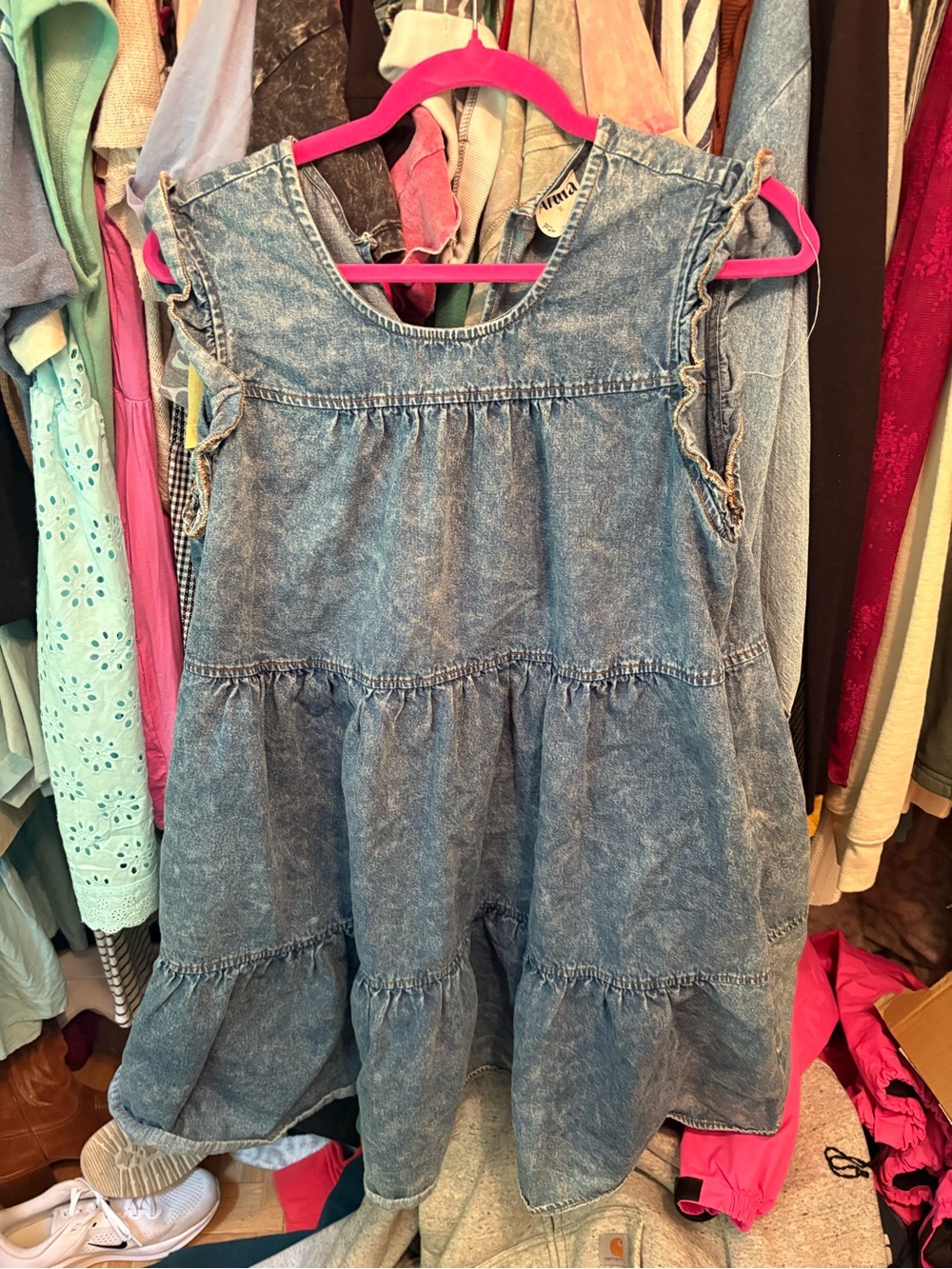 Womens Blue Denim Tiered Ruffle Sleeve Dress